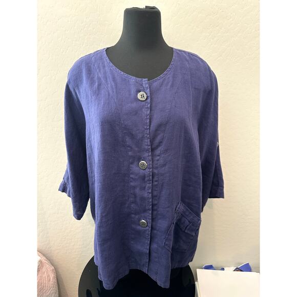 FOCUS | Linen Jacket Top Purple Button Front Lagenlook Oversized Pocket | Large - Picture 2 of 9